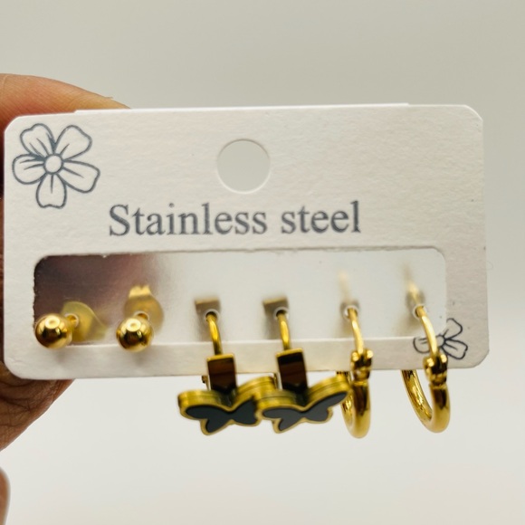 3 pairs of 18k gold plated stainless steel earrings - Picture 2 of 4